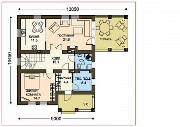 Проект компактного загородного дома с крытой террасой и большой лоджией / План 1 этажа Проект компактного загородного дома с крытой террасой и большой лоджией / План 1 этажа