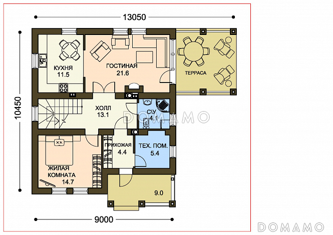 Проект компактного загородного дома с крытой террасой и большой лоджией / План 1 этажа Проект компактного загородного дома с крытой террасой и большой лоджией / План 1 этажа