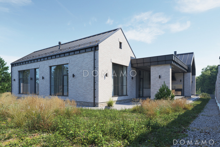 Проект дома с патио, двумя приватными зонами и кабинетом Проект дома с патио, двумя приватными зонами и кабинетом