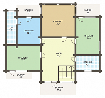 Проект большого деревянного дома из клееного бруса с бильярдной / План мансардного этажа Проект большого деревянного дома из клееного бруса с бильярдной / План мансардного этажа