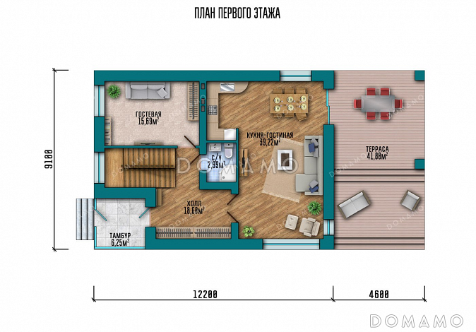 Проект дома с большой террасой, эркером и выразительной застекленной частью / План 1 этажа