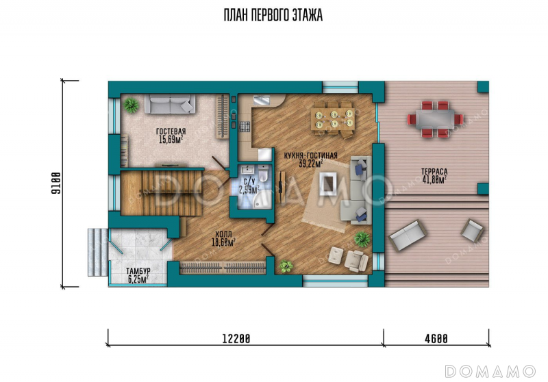 Проект дома с большой террасой, эркером и выразительной застекленной частью / План 1 этажа
