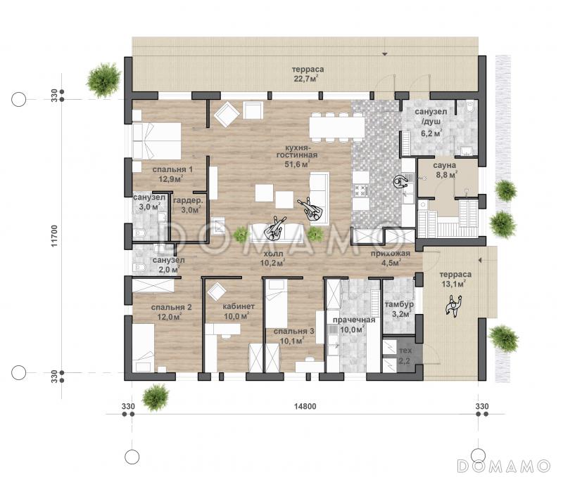 C-196 одноэтажный дом / План 1 этажа