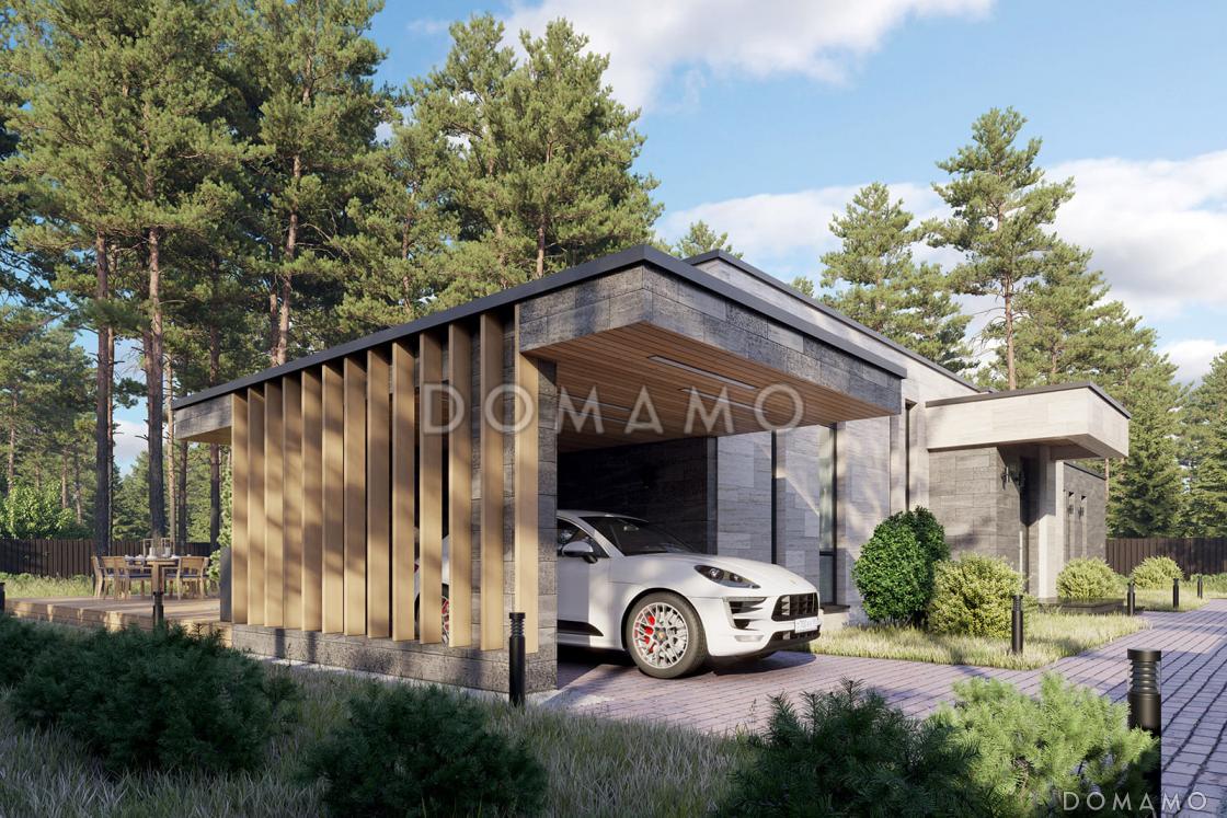 Проект современного каркасного дома с длинной террасой, навесом для автомобиля и тремя спальнями / 5