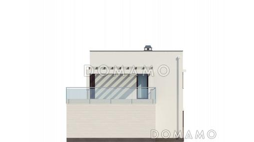 Проект современного двухэтажного дома из кирпича с плоской крышей с кабинетом, гаражом и крытыми террасами на обоих уровнях, адаптированный для сейсмозоны / Фасад 3