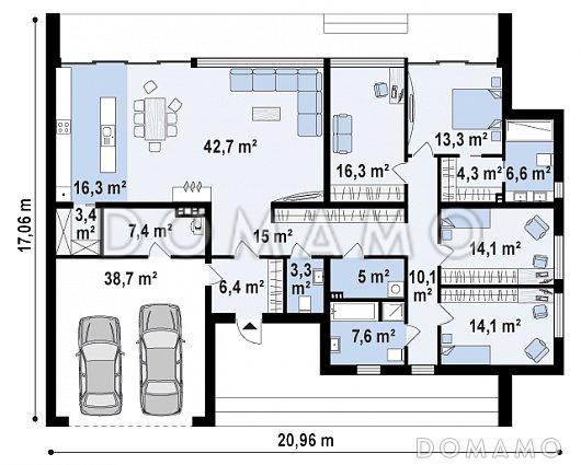 Проект просторного современного одноэтажного дома из кирпича с плоской крышей, большой площадью остекления, с четырьмя спальнями и большим гаражом / План 1 этажа