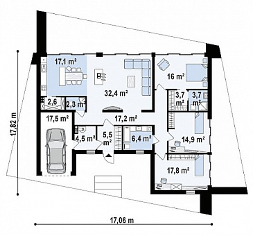 Проект просторного современного одноэтажного дома из кирпича с плоской крышей с тремя спальнями, крытыми террасами и одноместным гаражом / План 1 этажа Проект просторного современного одноэтажного дома из кирпича с плоской крышей с тремя спальнями, крытыми террасами и одноместным гаражом / План 1 этажа