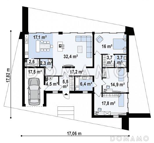 Проект просторного современного одноэтажного дома из кирпича с плоской крышей с тремя спальнями, крытыми террасами и одноместным гаражом / План 1 этажа