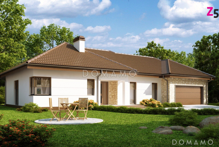 Проект одноэтажного дома из кирпича с большим встроенным гаражом на два автомобиля и мастерской