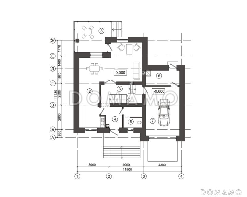 Проект загородного дома с планировкой в стиле квартир студийного типа / План 1 этажа
