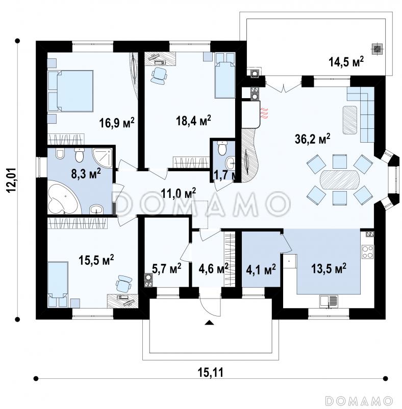 Проект одноэтажного дома из кирпича с зоной барбекю на террасе / План 1 этажа