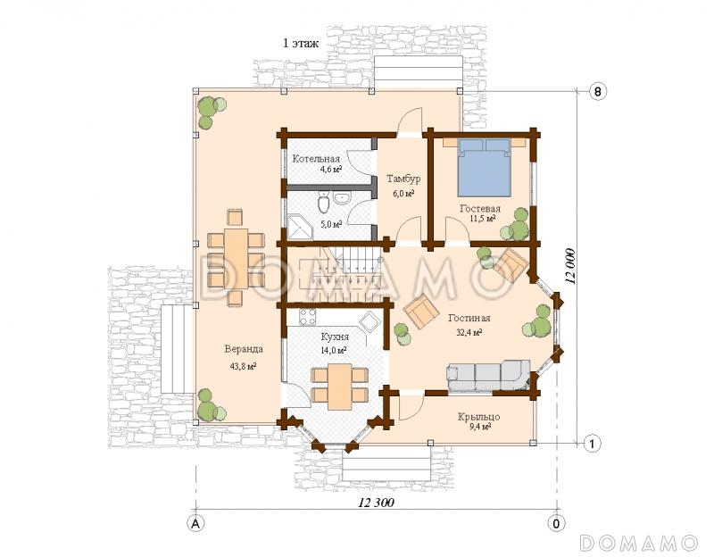 Проект дома из клееного бруса с просторной гэобразной крытой террасой / План 1 этажа