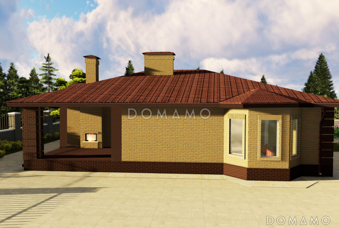 Проект одноэтажного дома с эркером в гостиной, крытой террасой с камином, большой кладовой с окном Проект одноэтажного дома с эркером в гостиной, крытой террасой с камином, большой кладовой с окном