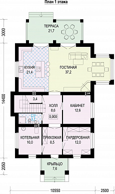 Проект двухэтажного особняка из газобетона с мансардой / План 1 этажа Проект двухэтажного особняка из газобетона с мансардой / План 1 этажа