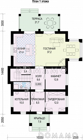 Проект двухэтажного особняка из газобетона с мансардой / План 1 этажа Проект двухэтажного особняка из газобетона с мансардой / План 1 этажа