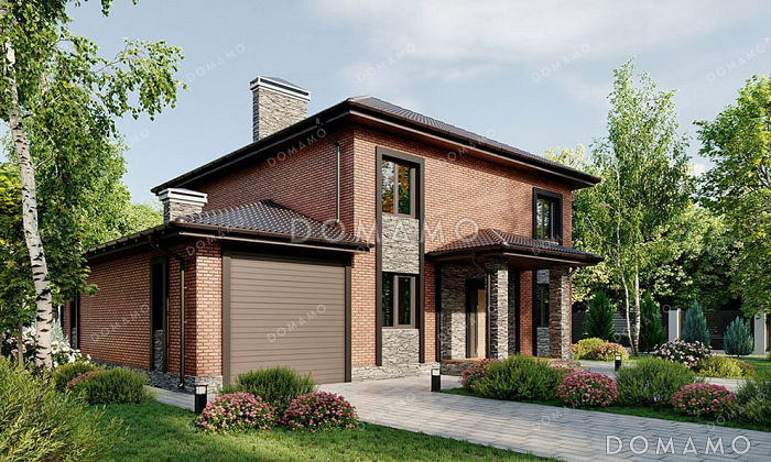 Проект двухэтажного дома с террасой, большой гостиной и гаражом