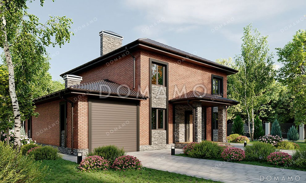 Проект двухэтажного дома с террасой, большой гостиной и гаражом / 1