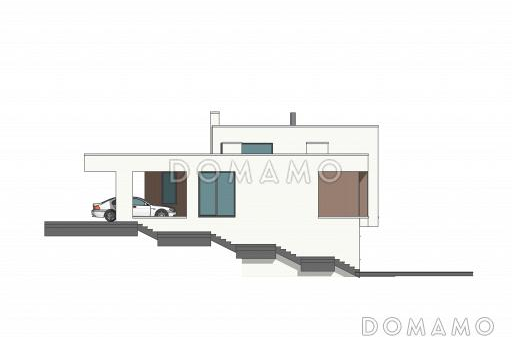 Проект современного дома с цокольным этажом, плоской кровлей, террасой с барбекю / Фасад 2