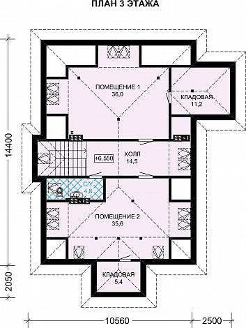 Проект дома из газобетона с просторным балконом на втором этаже / План мансардного этажа