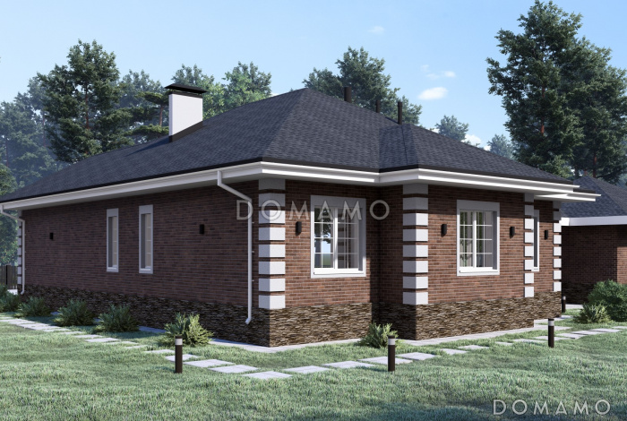 Проект одноэтажного дома с гаражом и отдельно стоящей баней S-257