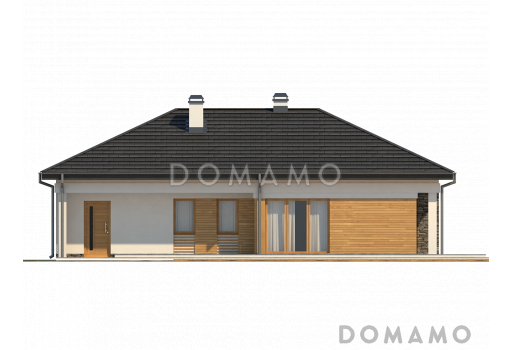 Проект одноэтажного дома из кирпича с дневной зоной в тыльной части дома и выходом на большую террасу и гаражом на два автомобиля / Фасад 3