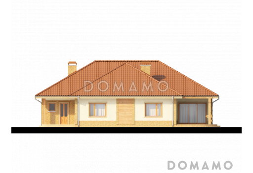 Проект одноэтажного дома из газобетона с тремя спальнями, просторной гостиной и гаражом / Фасад 2