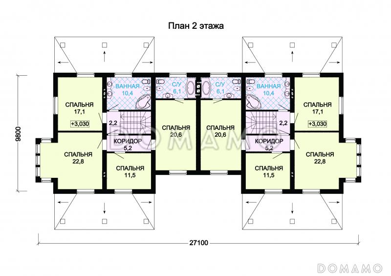 Проект двухэтажного дома на два хозяина с верандой и отдельным входом для каждой семьи / План 2 этажа