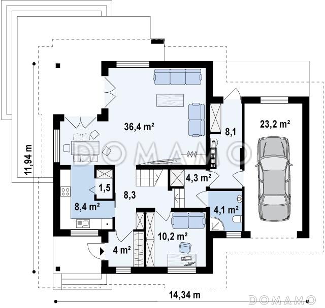 Проект одноэтажного мансардного дома из кирпича с кабинетом, гаражом и комнатой над гаражом / План 1 этажа