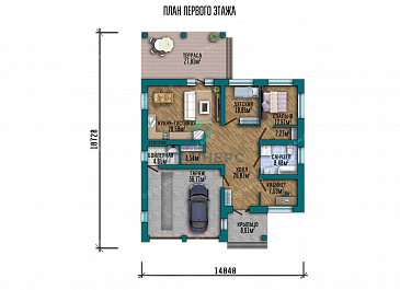 Проект одноэтажного дома с большой террасой и гаражом / План 1 этажа Проект одноэтажного дома с большой террасой и гаражом / План 1 этажа