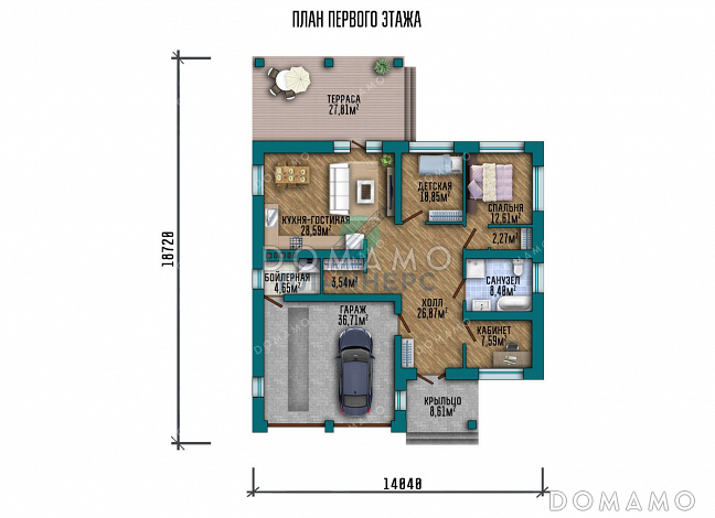Проект одноэтажного дома с большой террасой и гаражом / План 1 этажа Проект одноэтажного дома с большой террасой и гаражом / План 1 этажа