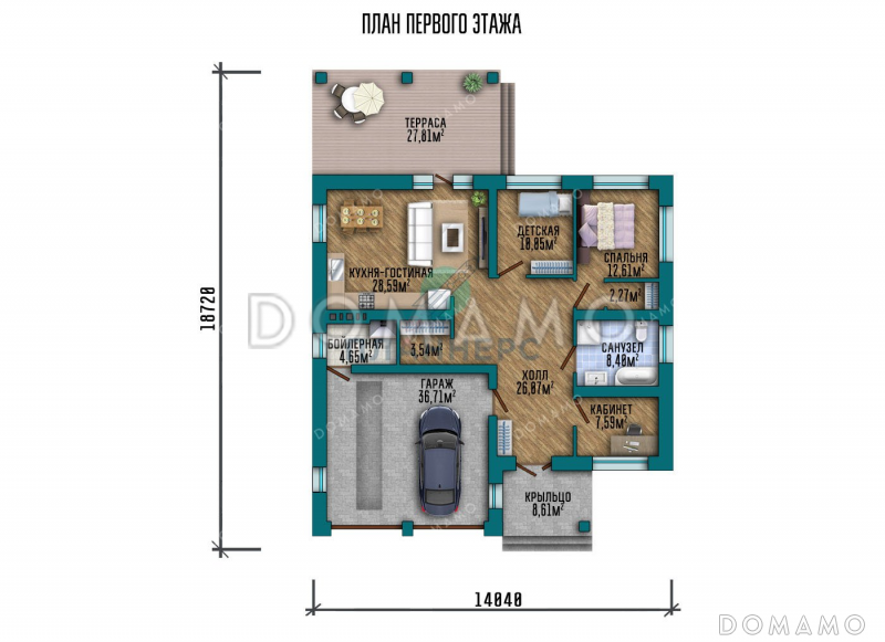 Проект одноэтажного дома с большой террасой и гаражом / План 1 этажа