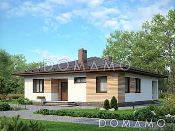 Проект одноэтажного дома из пенобетона с тремя спальнями, шатровой крышей и комбинированной облицовкой