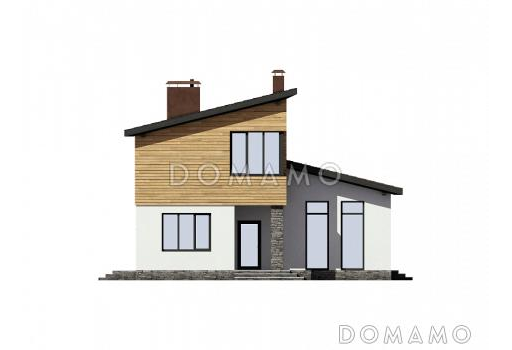 Проект дома с косой крышей, детскими комнатами, террасой, большой гостиной-столовой / Фасад 1