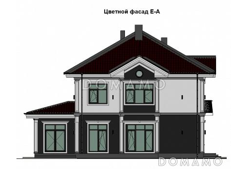 Проект загородного дома с верандой, полукруглым крыльцом, французским балконом, вытянутой кухней-гостиной-столовой / Фасад 4