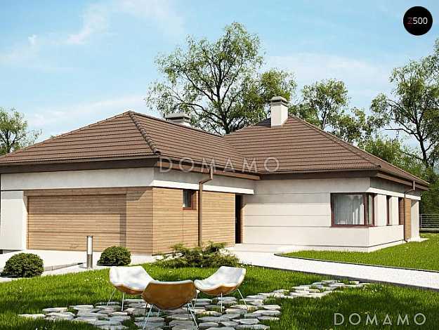 Проект просторного одноэтажного дома из газобетона с четырьмя комнатами, крытой угловой террасой и гаражом Проект просторного одноэтажного дома из газобетона с четырьмя комнатами, крытой угловой террасой и гаражом