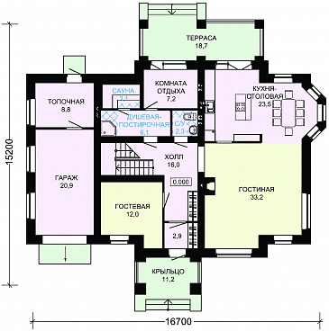 Проект дома из пеноблоков с гаражом, кабинетом и игровой комнатой / План 1 этажа