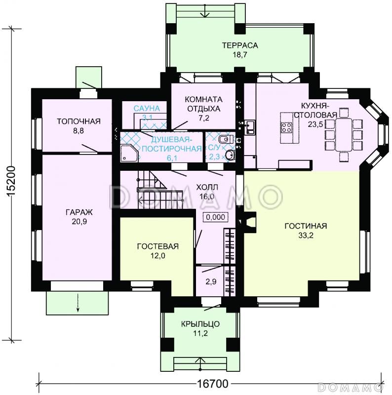 Проект дома из пеноблоков с гаражом, кабинетом и игровой комнатой / План 1 этажа