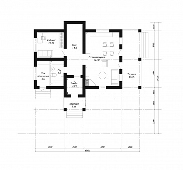 Проект современного дома из клееного бруса с просторным балконом на втором этаже / План 1 этажа Проект современного дома из клееного бруса с просторным балконом на втором этаже / План 1 этажа
