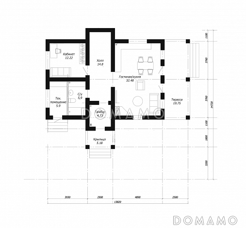 Проект современного дома из клееного бруса с просторным балконом на втором этаже / План 1 этажа Проект современного дома из клееного бруса с просторным балконом на втором этаже / План 1 этажа