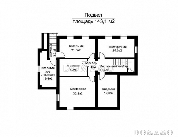 Проект двухэтажного загородного дома с высоким крыльцом / План цокольного этажа Проект двухэтажного загородного дома с высоким крыльцом / План цокольного этажа