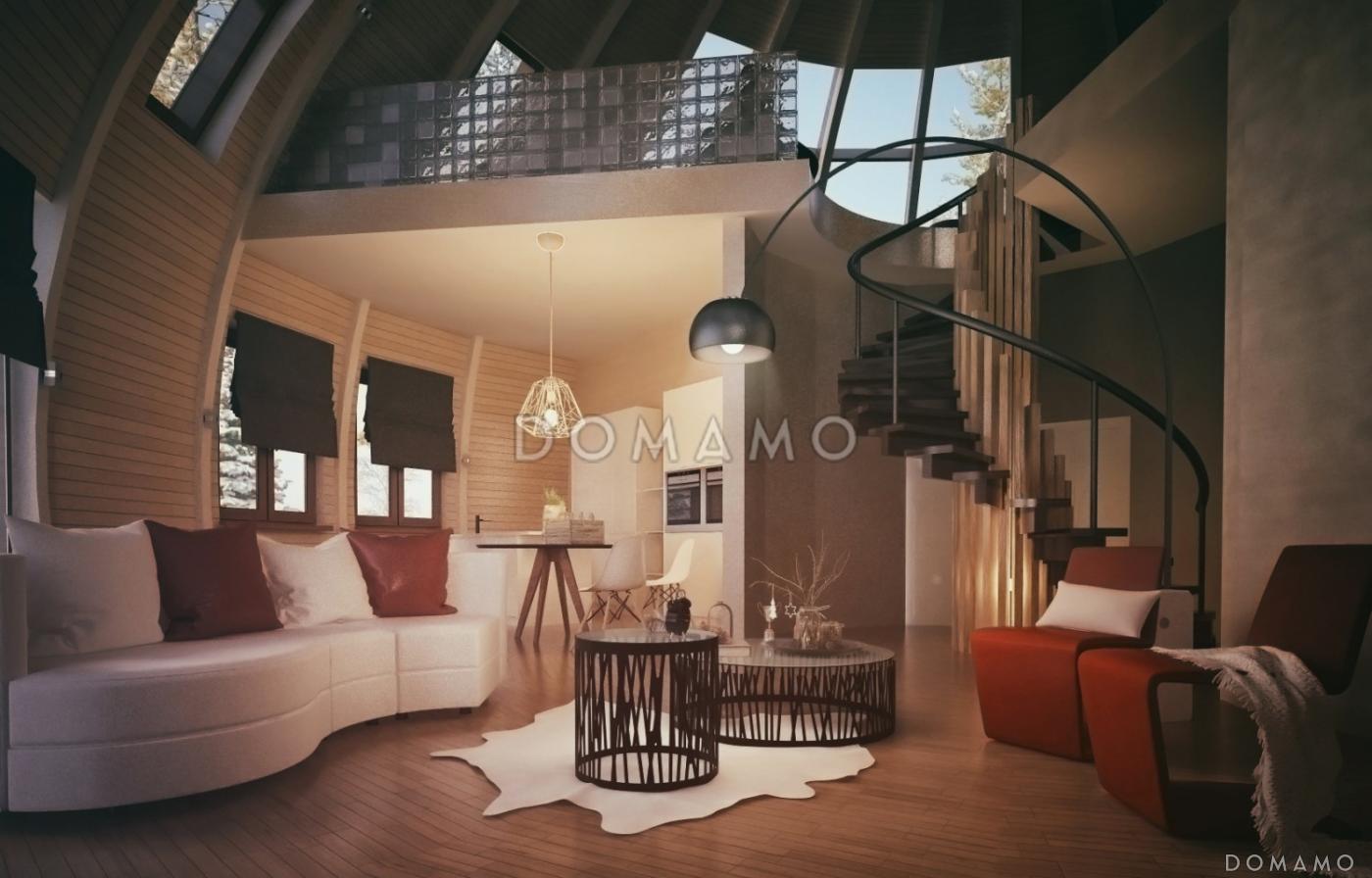 Проект сферического дома с большой гостиной с панорамным остеклением / 3