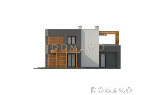 Проект двухэтажного дома из газобетона с плоской крышей, со спальной зоной и террасой на втором этаже и гаражом / Фасад 3