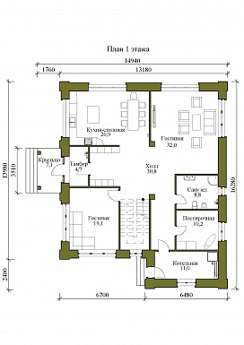 Проект двухэтажного дома с гостевой, гостиной и кухней столовой на первом этаже / План 1 этажа Проект двухэтажного дома с гостевой, гостиной и кухней столовой на первом этаже / План 1 этажа