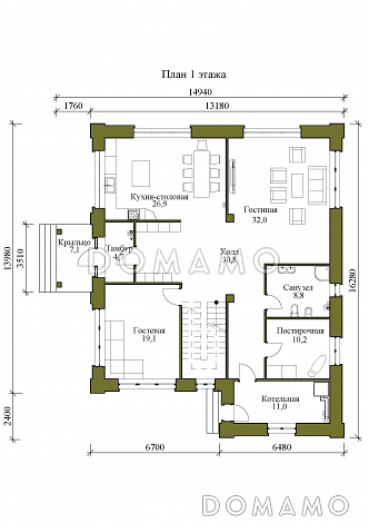 Проект двухэтажного дома с гостевой, гостиной и кухней столовой на первом этаже / План 1 этажа Проект двухэтажного дома с гостевой, гостиной и кухней столовой на первом этаже / План 1 этажа