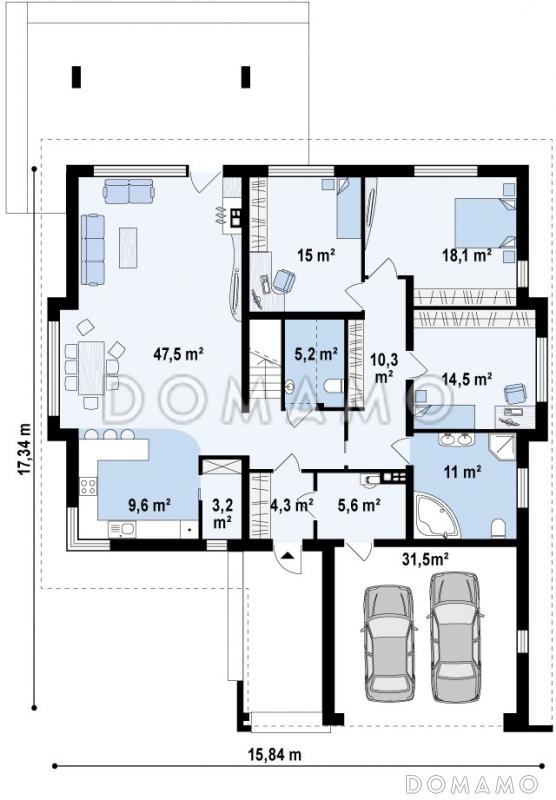 Проект полутораэтажного дома из газобетона с небольшой мансардой и с гаражом на два автомобиля / План 1 этажа