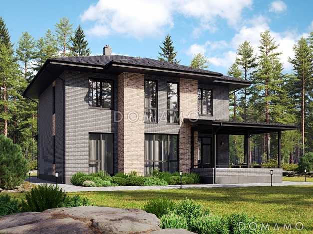 Проект кирпичного двухэтажного дома с кабинетом, 4 спальнями и просторной гардеробной у входа