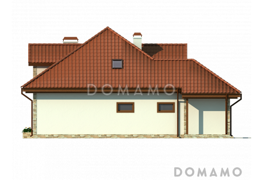 Проект просторного одноэтажного мансардного дома из кирпича с кабинетом, эркером и гаражом / Фасад 4