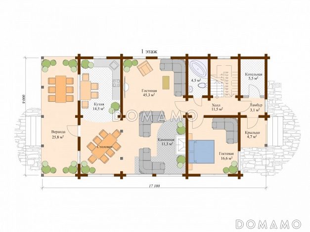 Проект деревянного дома с каминной / План 1 этажа