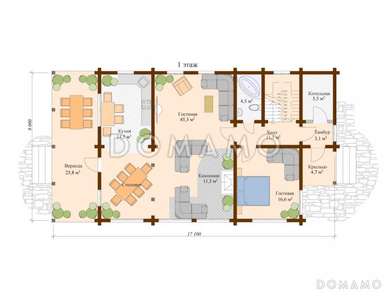 Проект деревянного дома с каминной / План 1 этажа