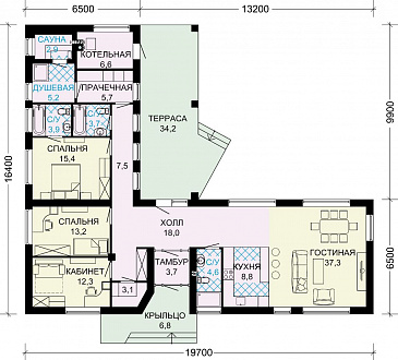 Проект одноэтажного дома из СИП панелей с двумя спальными комнатами и небольшой сауной / План 1 этажа Проект одноэтажного дома из СИП панелей с двумя спальными комнатами и небольшой сауной / План 1 этажа